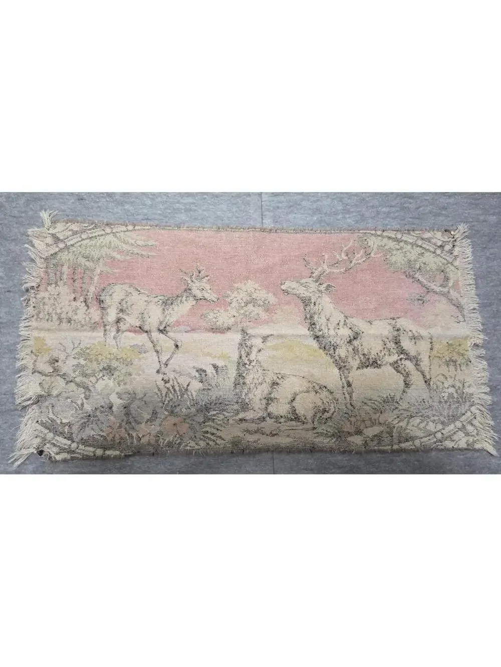 Vintage Velvet Deer Scene Tapestry Wall Hanging Throw Fringe Rustic Cabin Decor