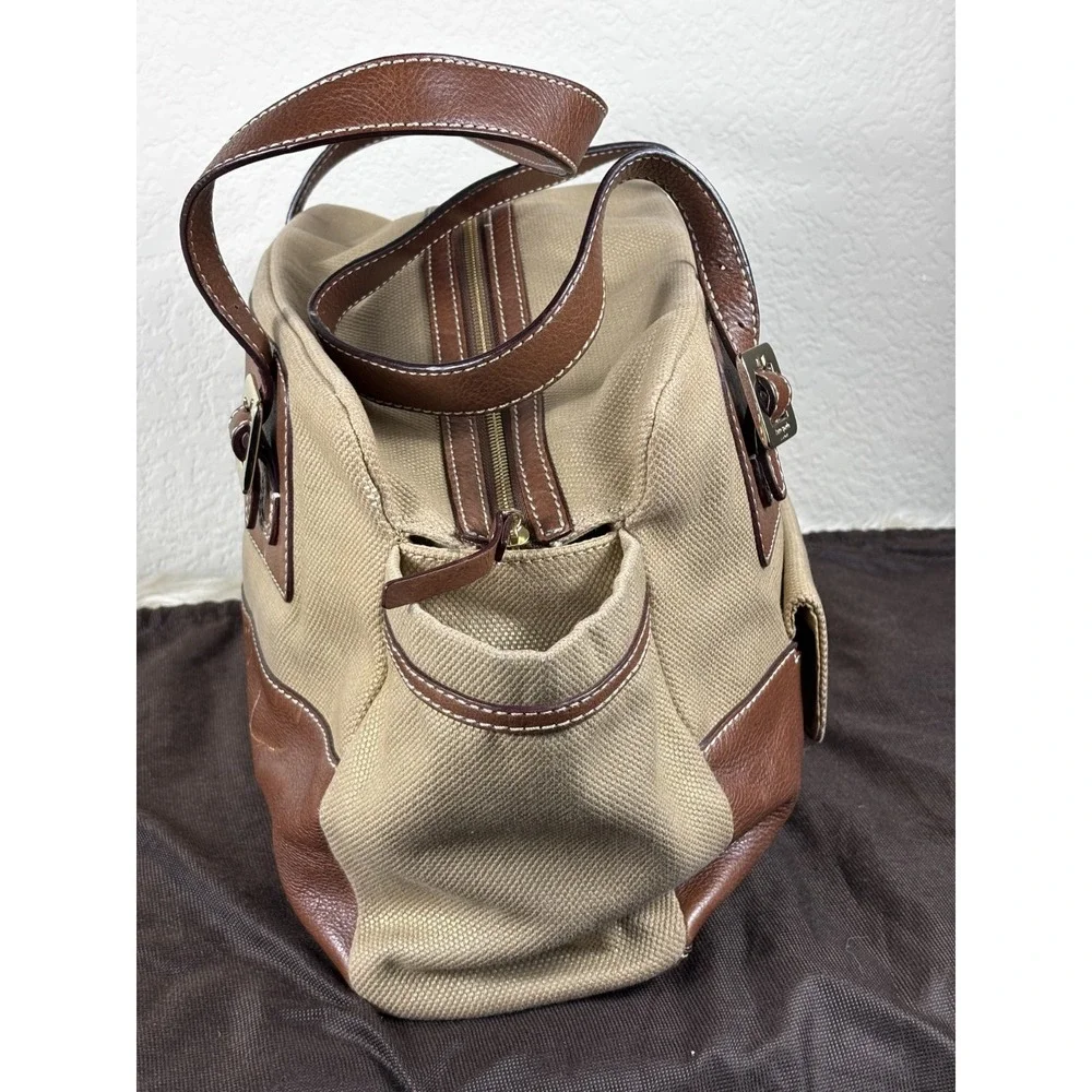 Kate Spade Stevie Baby Satchel Tan Canvas‎ Brown Trim Utility Bag Chic