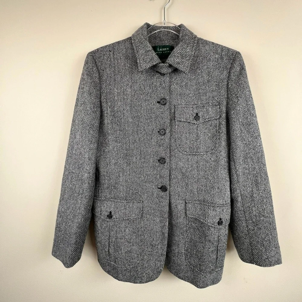 Lauren Ralph Lauren Wool Jacket Size 8 HerringboneTweed Career Preppy‎ Flaws