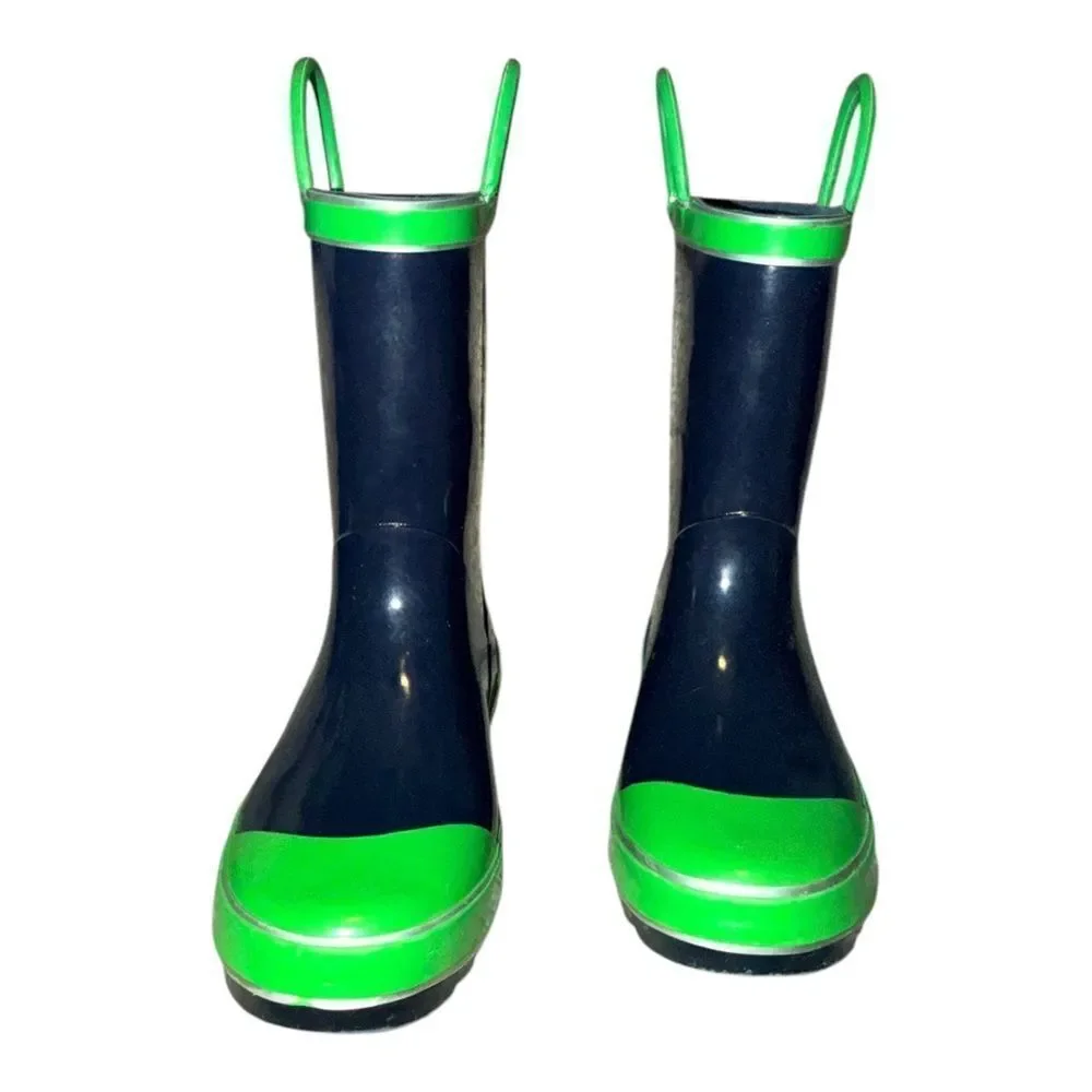Northside Unisex Child Classic Rain Boots Navy Blue & Green Pull On 2M EUC