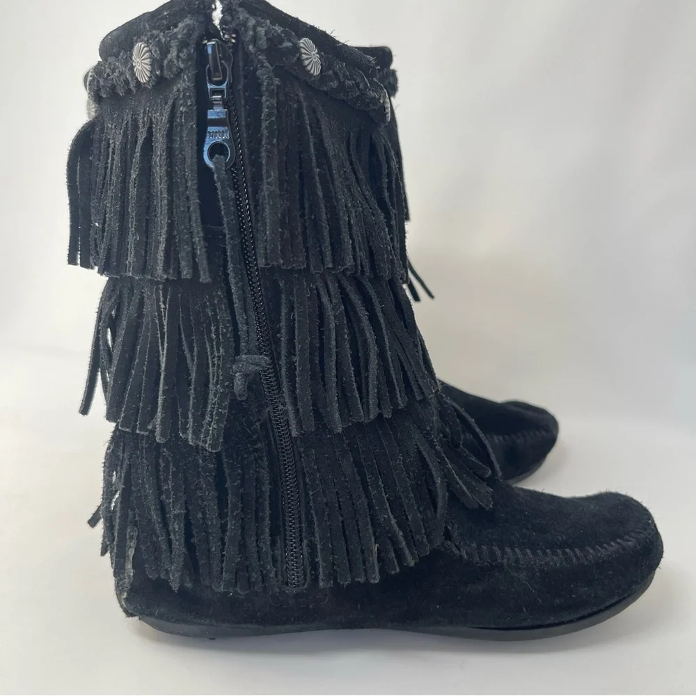 Minnetonka Black Suede 3 Tier‎ Fringe Tall Boots, Girl's Size 3
