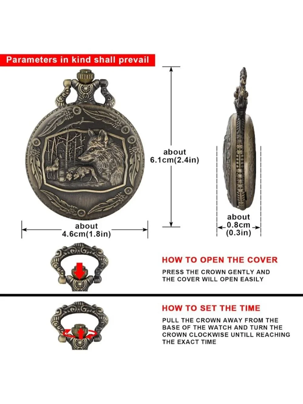 Men's Brown Analog Quartz Arabic Numerals Engraved Wolf Vintage Pocket Watch