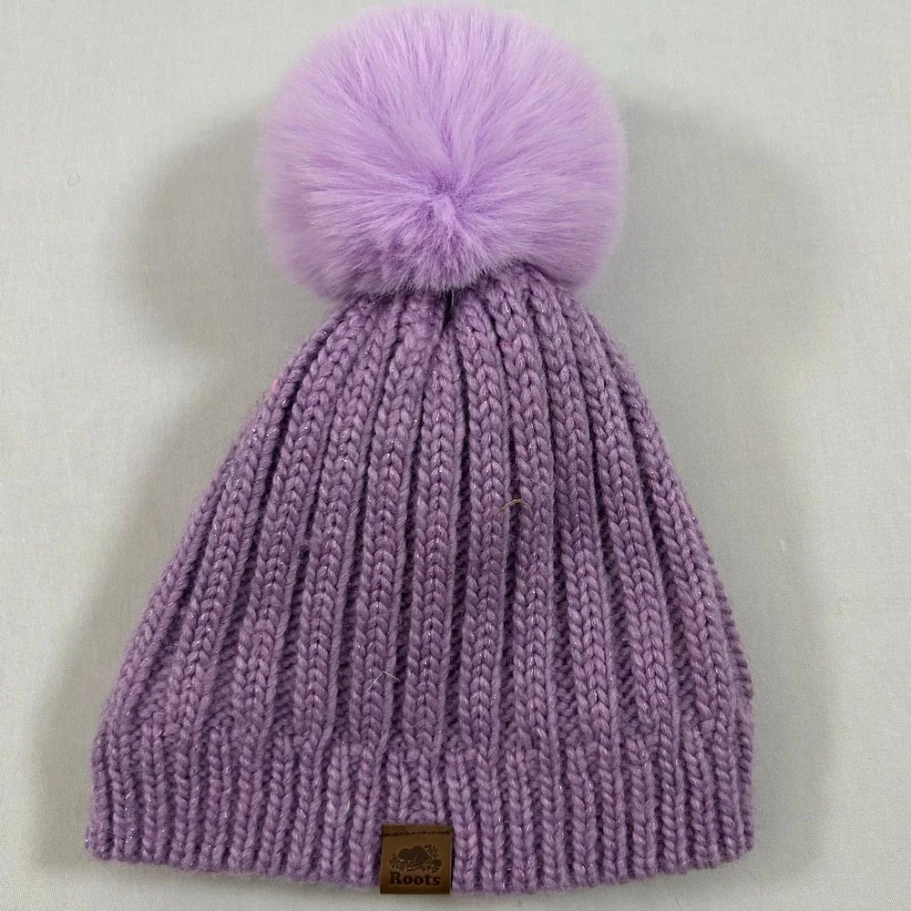 Roots Beanie Kids Girls One Size Purple Sparkle Ribbed Knit Faux Fur Pom Toque