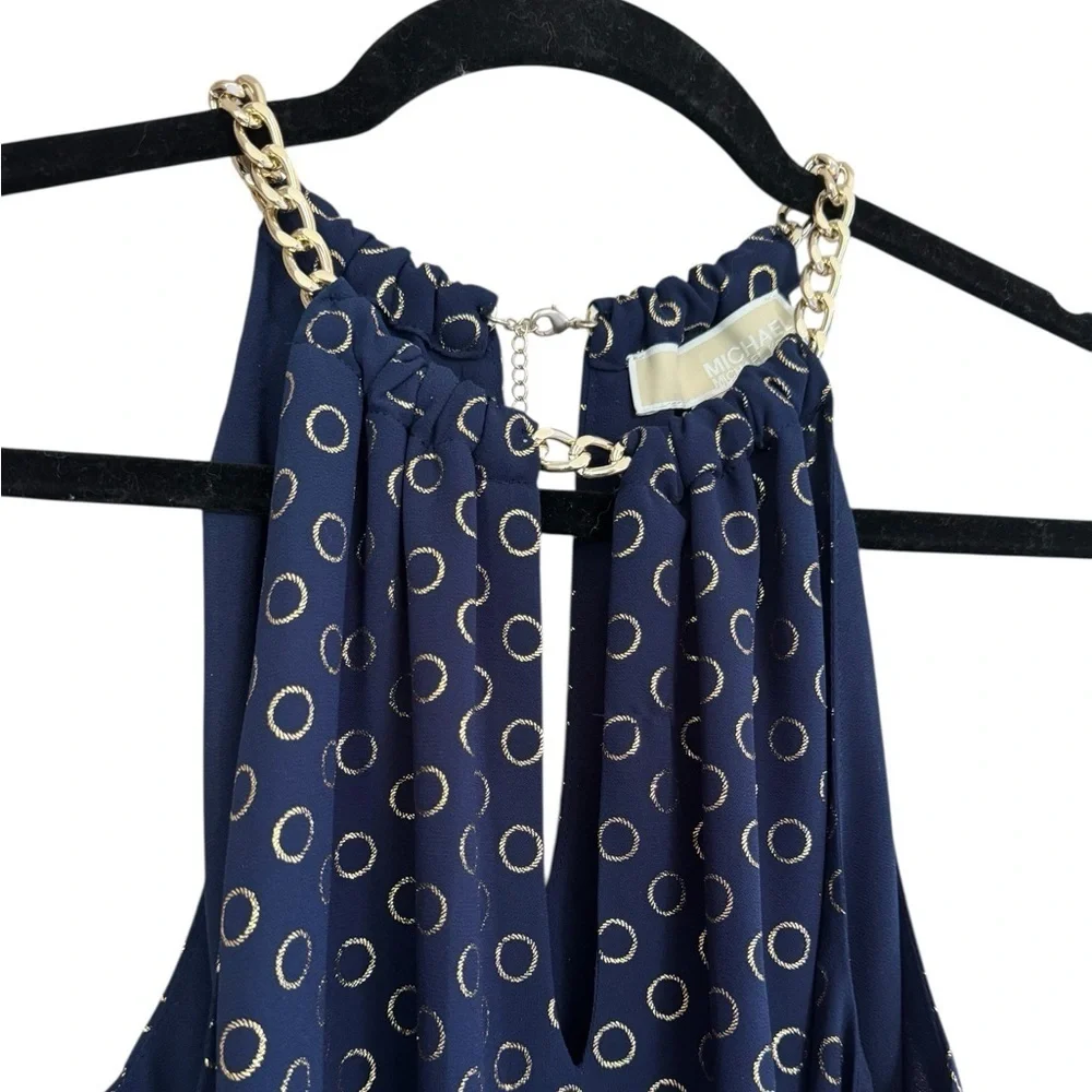 Michael Kors Navy Sleeveless Blouse Chain Accent Gold Circle Design XS or Small