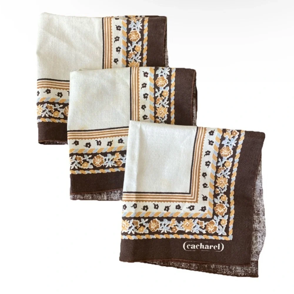 Set of 3 Cacharel Cloth Napkins Brown Beige Floral Square Fabric Boho