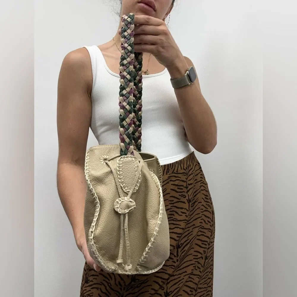 Valerie Steven’s Beige Leather Small Bucket Shoukder Bag Braided Leather Strap