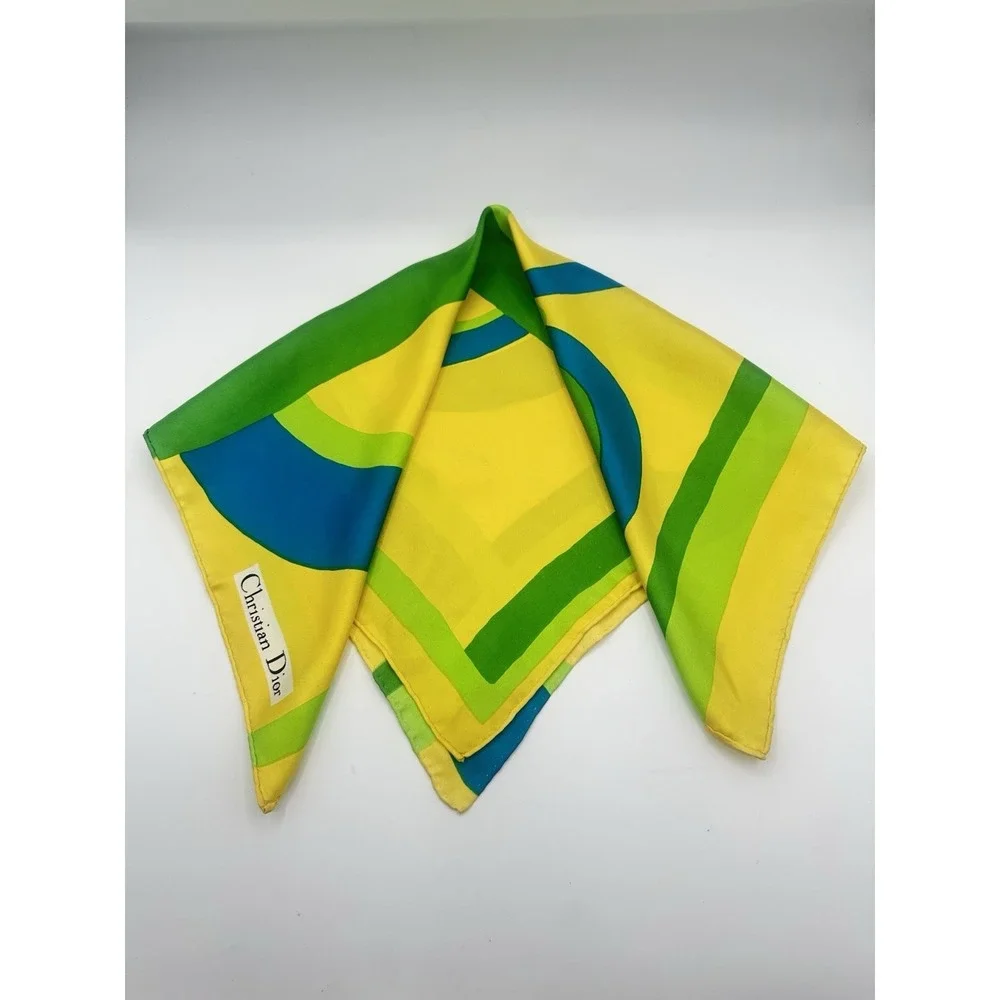 Vintage Christian Dior 70s Silk OP Art Scarf 100% Silky Yellow, Blue, Green