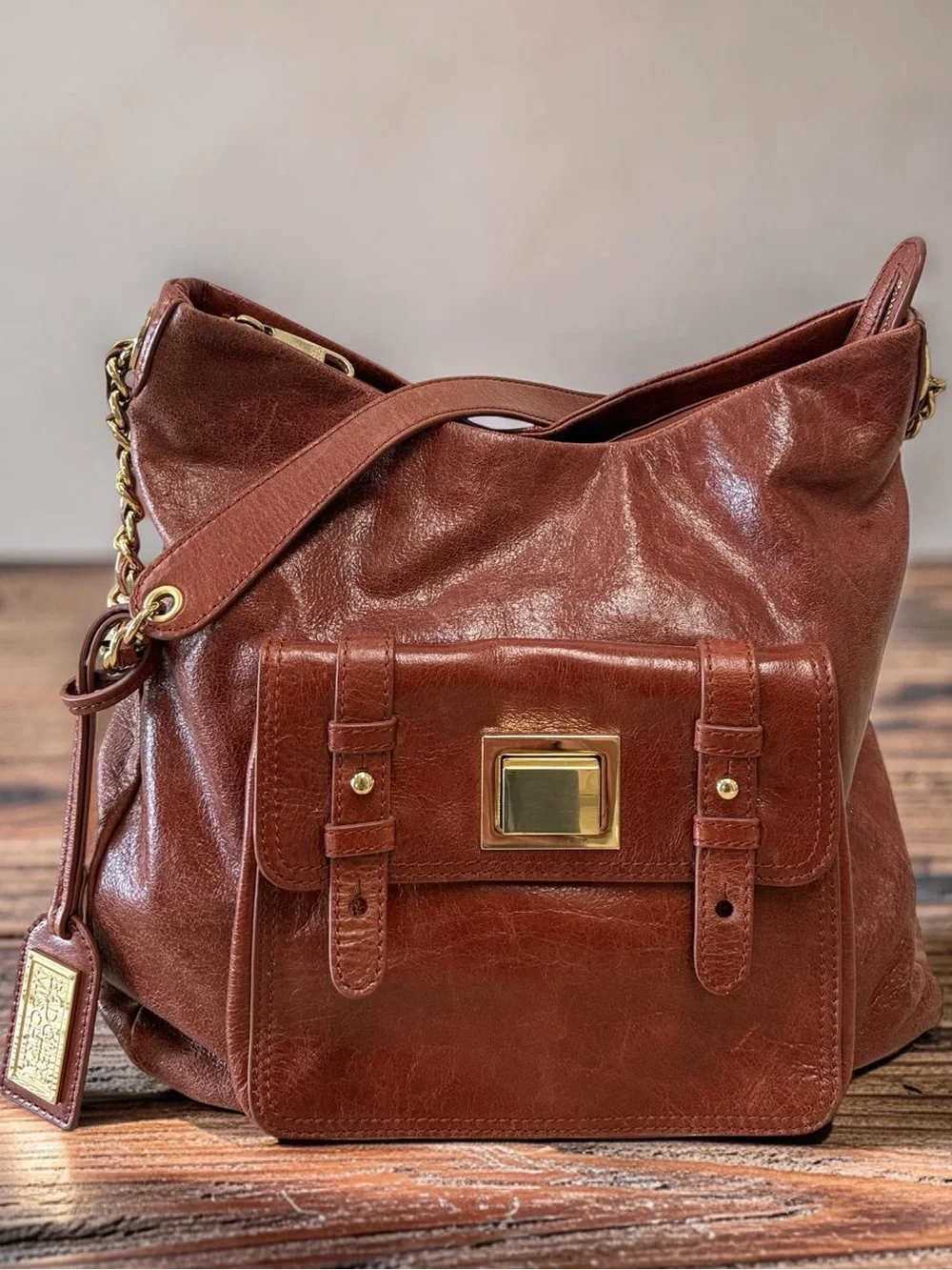 Badgley Mischka  brown leather large hobo shoulder bag