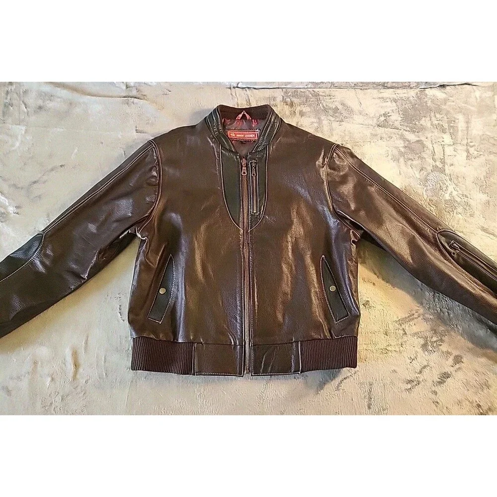 Novin Leather Jacket Men's Large  Brown  Black White Threading Inside Pockets