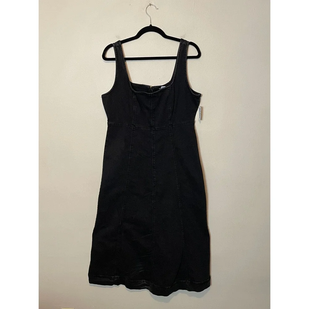 Old Navy Womens Black Fit & Flare Sleeveless Denim Midi Dress Square Neck M NEW