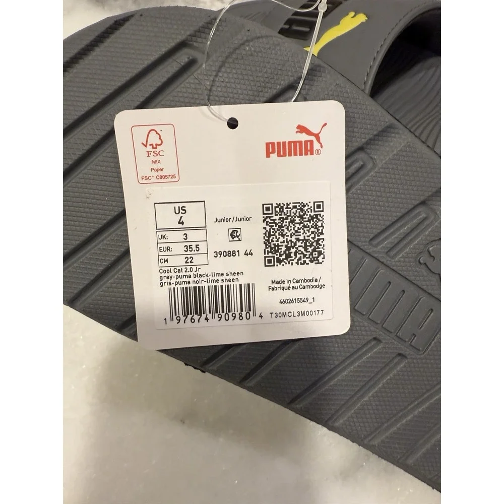 PUMA Cool Cat 2.0 Kids Size‎ 4 Grey Unisex Slides Sandals New with Tags