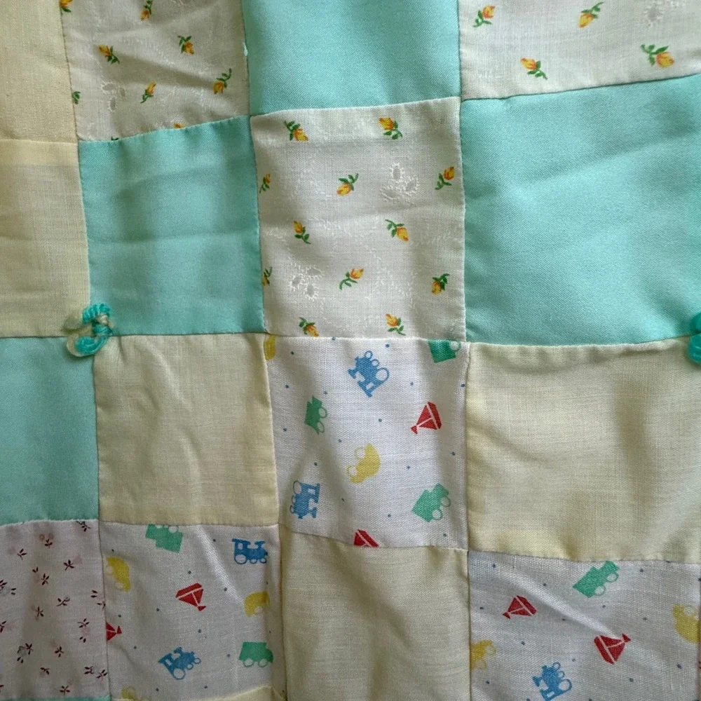 Vintage Handmade Patchwork Baby Quilt Pastel Bunny Teddy Bear Tied Blanket 38x63