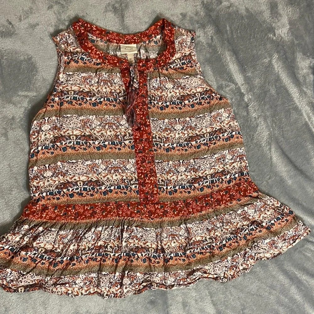 Knox Rose‎ Top Womens XL Babydoll Tank Burgundy Boho Floral Tassel Tie Ruffle