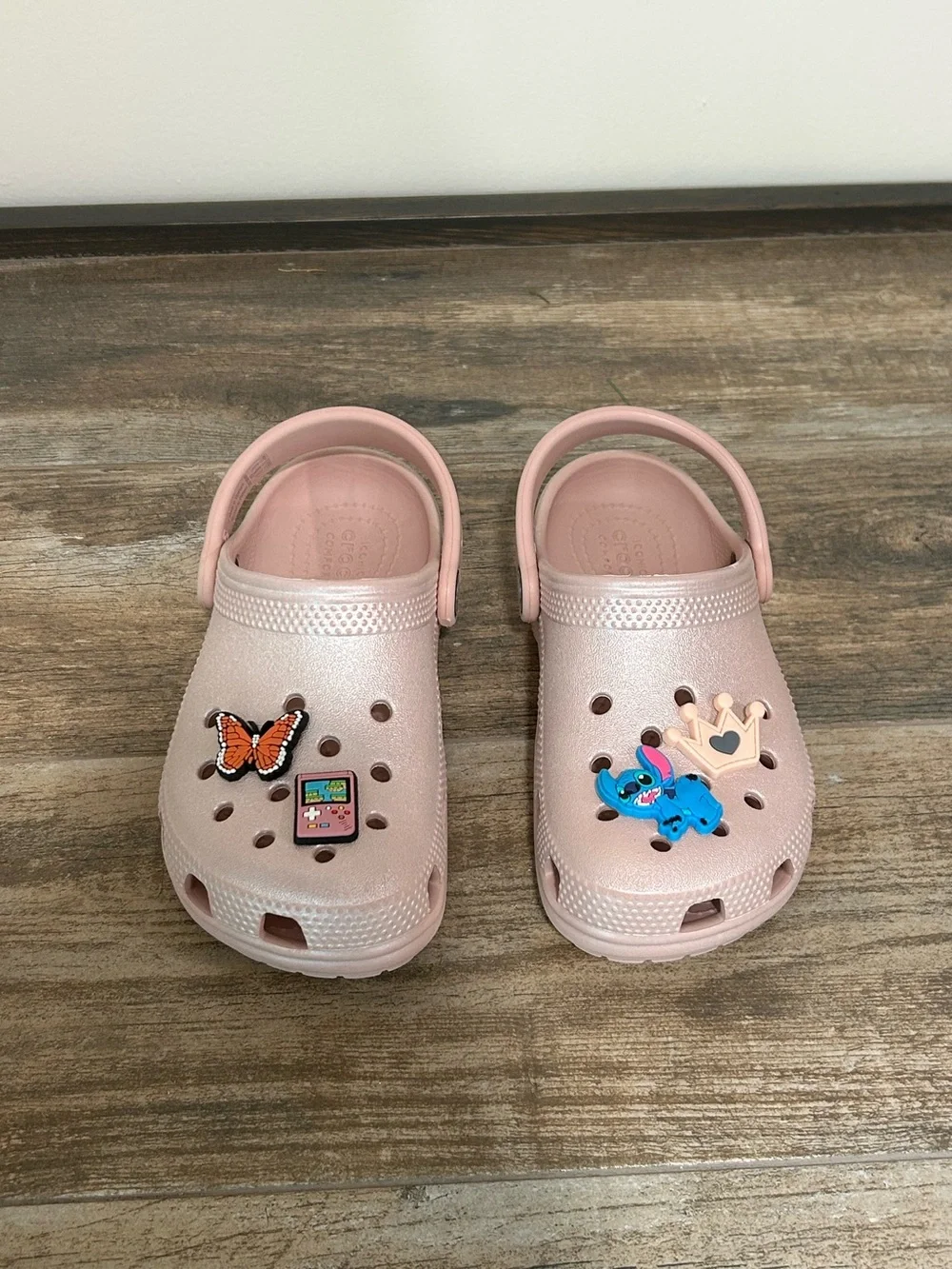 Crocs C12 Kids Light Pink Shimmer Slip-On Clog Shoes Decorative Charms