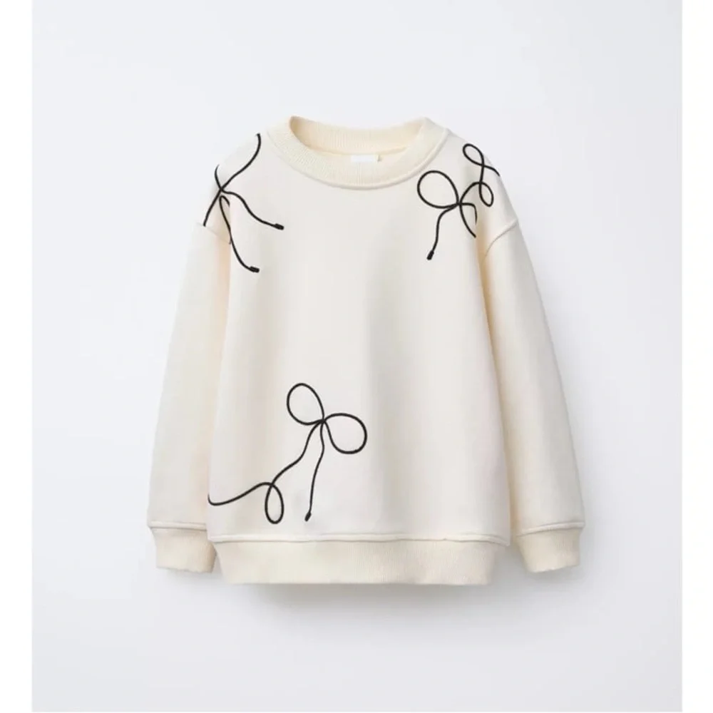 NWT Zara Girls Crewneck Embroidered Bows Pullover Sweatshirt Ivory Sz 11 / 12