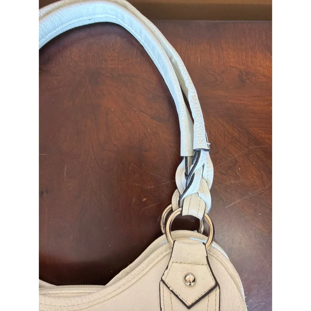 Rosetti Ivory Faux Leather Shoulder Bag Braided Strap Multi Pocket Hobo Purse