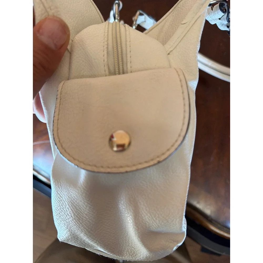 Rosetti Ivory Faux Leather Shoulder Bag Braided Strap Multi Pocket Hobo Purse