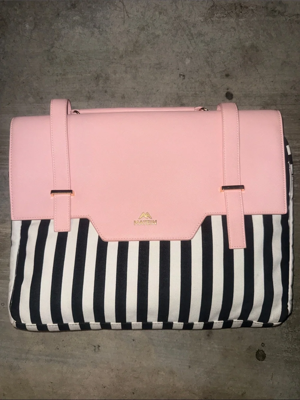 Madden Pink Top-Handle Laptop Bag with Black & White Stripes
