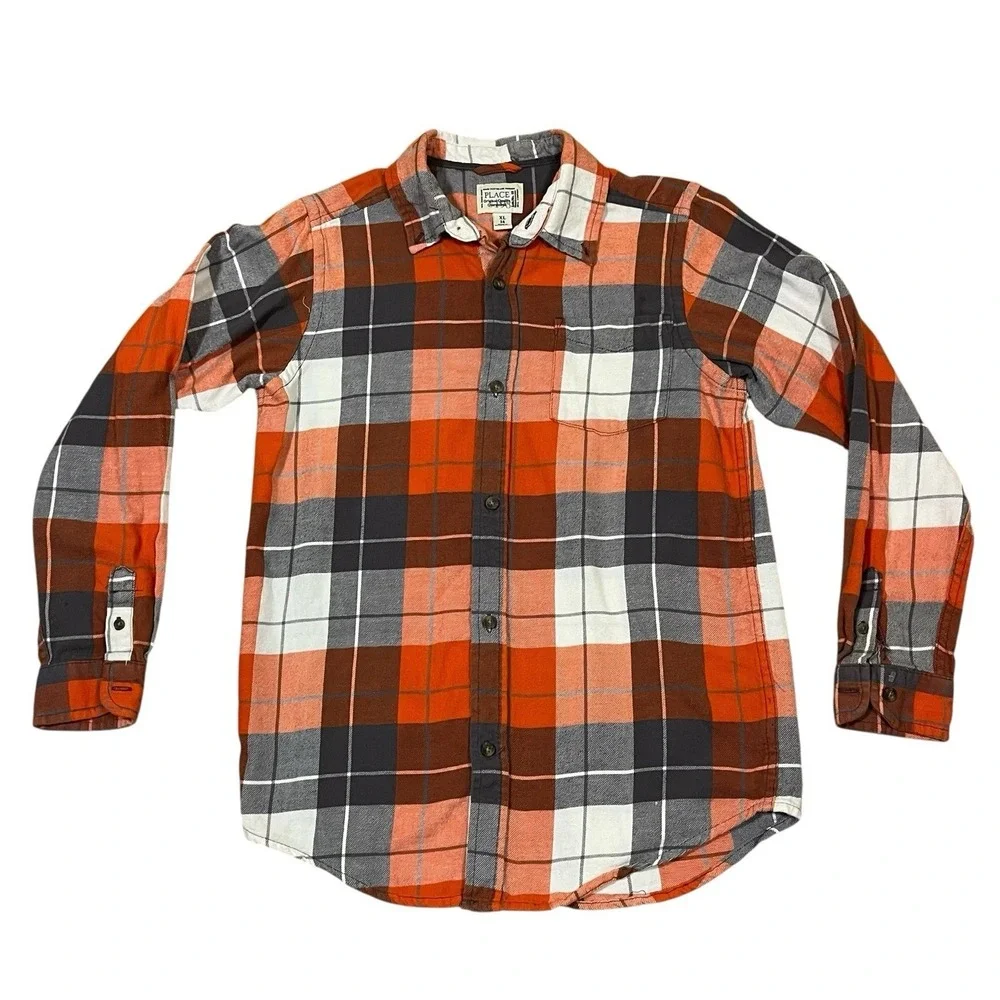 Kids The Children's‎ Place Orange Gray Flannel Button Shirt Size XL 14 Preppy