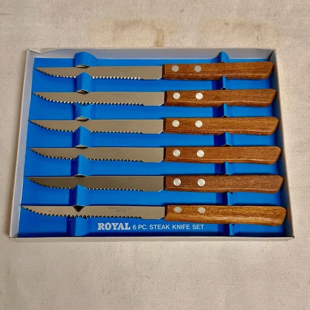 Vintage Royal Stainless Steel 6-Piece Steak Knife Set with Riveted Wood Handles-