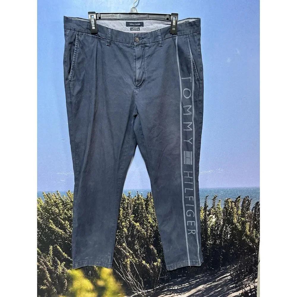 MENS TOMMY‎ HILFIGER CUSTOM FIT LOGO CHINO PANTS NAVY BLUE SIZE 36 X 32