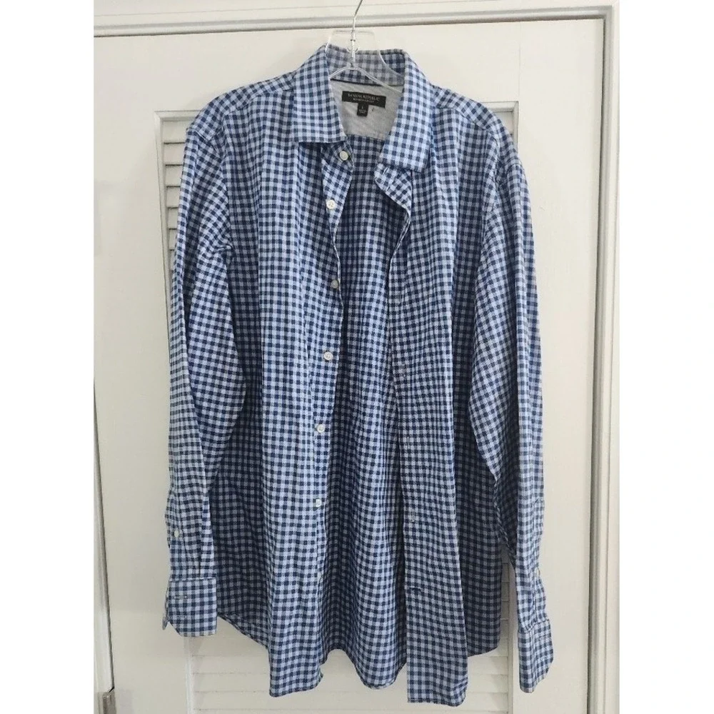 Banana Republic Mens Large Blue Check Button Down Non Iron Slim Fit Shirt Cotton