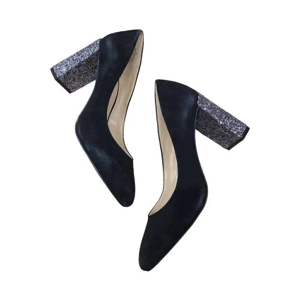 Nine West Sparkle Heels Womens 9M US Black‎ Faux Suede Glitter Chunky High Heels