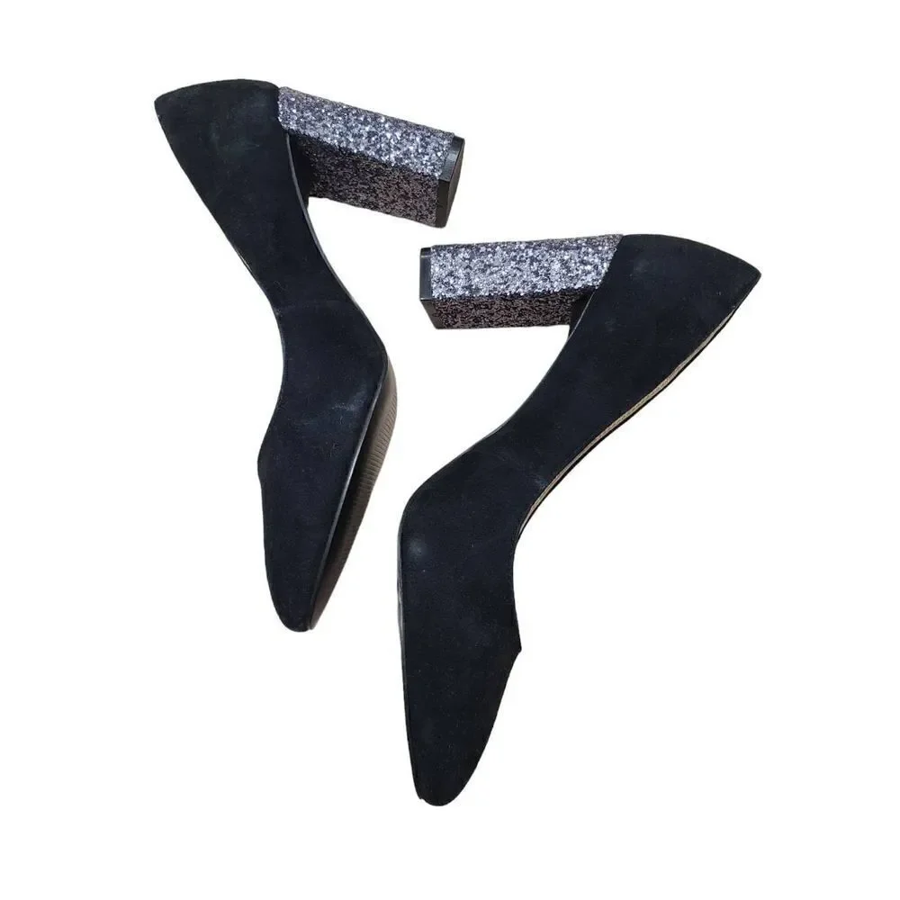 Nine West Sparkle Heels Womens 9M US Black‎ Faux Suede Glitter Chunky High Heels
