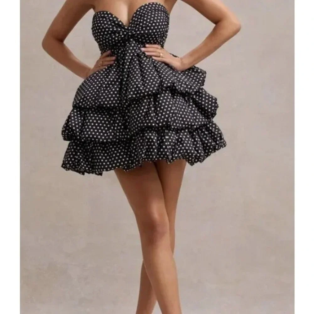 Club‎ L London Pepper Black Polka Dot Strapless Ruffled Mini Dress Size 12 NWT