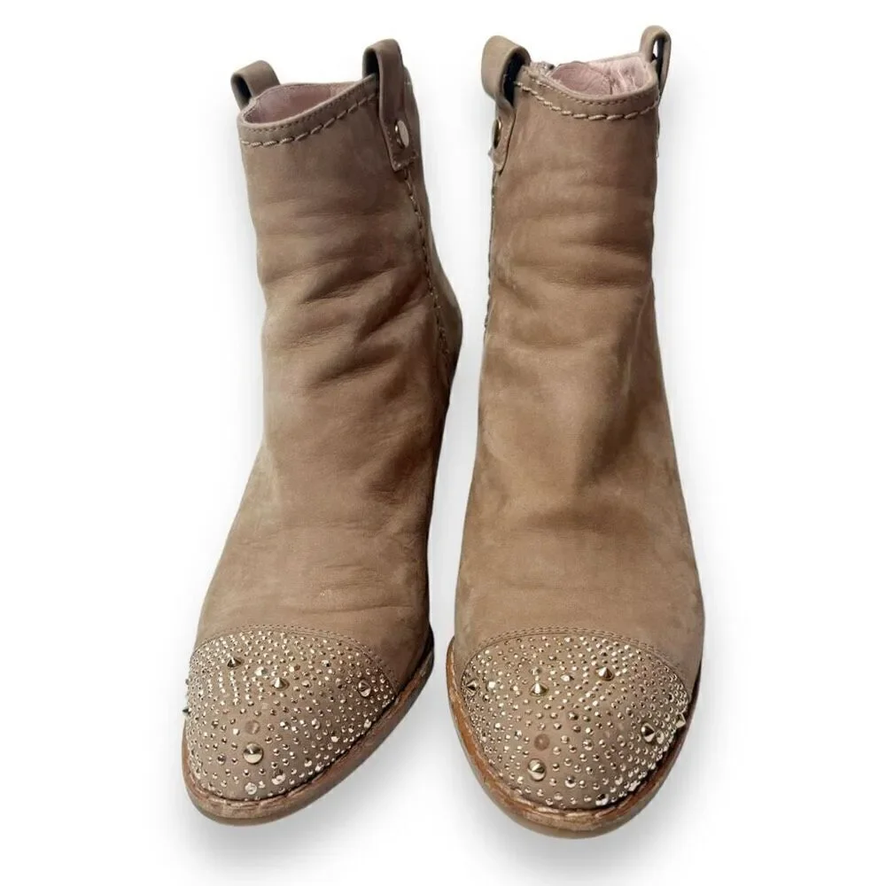 Stuart Weitzman Women’s Gold Studded Cap Toe Zip Taupe Suede Ankle Boots 5.5 M