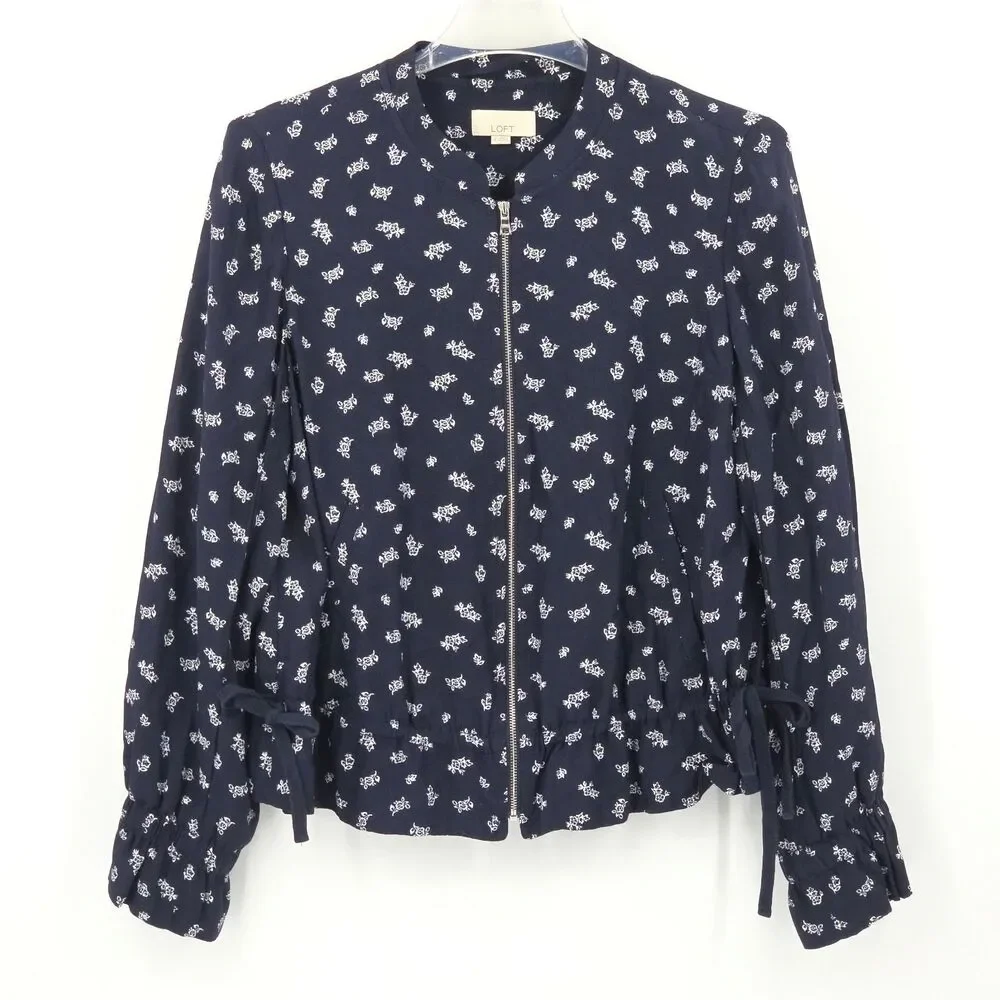 Loft Bomber Jacket Womens Size Medium Floral Coquette Soft Lightweight Bows