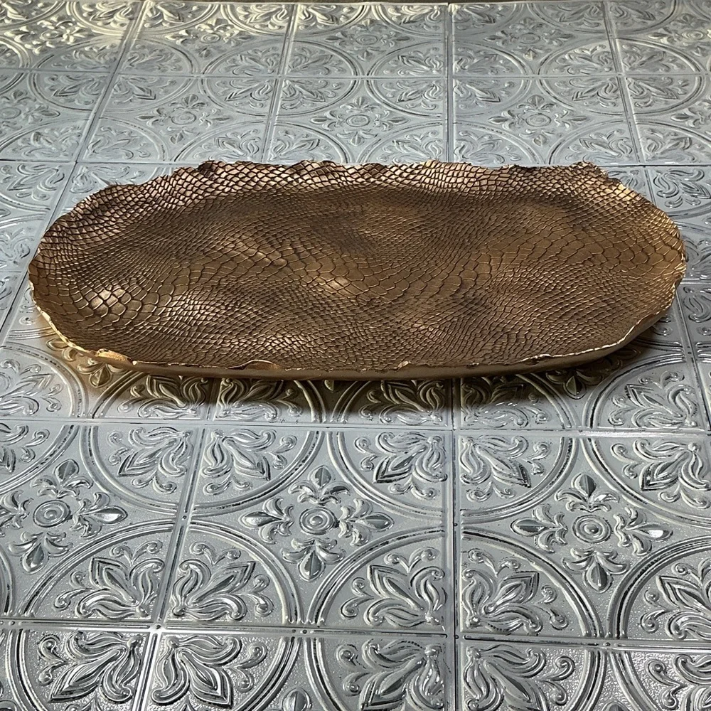 Pier 1 Gold Faux Snakeskin Embossed Metal Serving Tray Hollywood Regency Glam