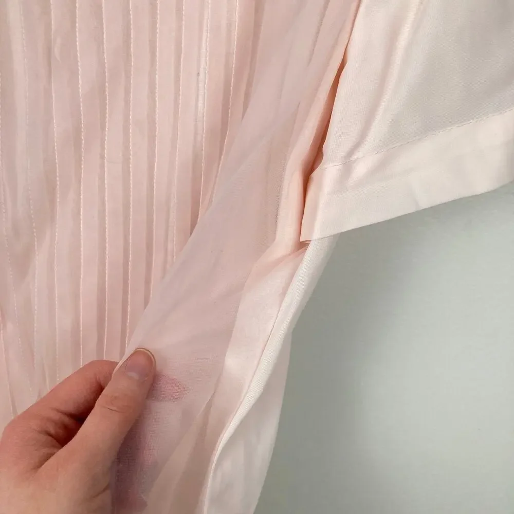 VTG Pink Pleated Sheer Button Back Blouse Size M Rosette Beaded Collar Victorian