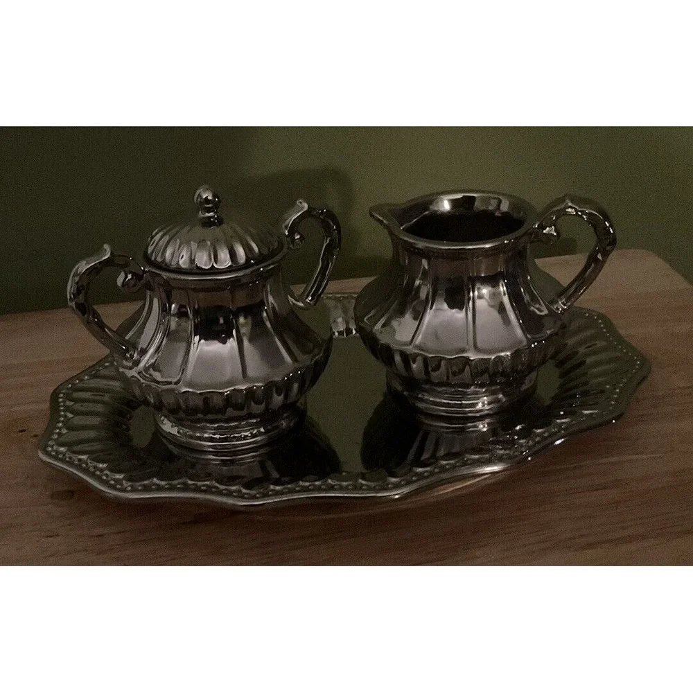 Silverado Lusterware Godinger Silver Plated Cream And Suger Bowls With‎ Platter
