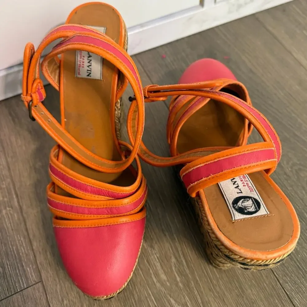 Womens Lanvin‎ Paris Leather Espadrille High Wedge Sandals Size 40 US 8.5