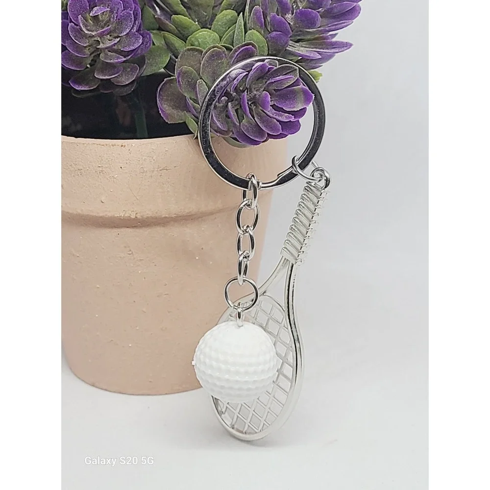 Handmade‎ White Ball Tennis Racket Keychain Silver Tone Women Sport Accessory