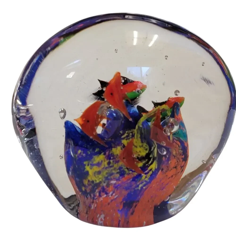 Fish Paperweight Art Glass 3x4.5 2.25 lb Orange Green Red Blue Coral Collectible