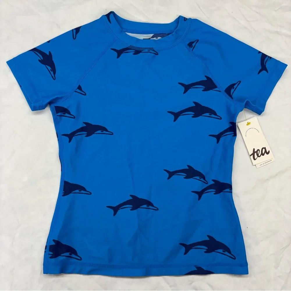 NEW Tea Collection Blue‎ Navy Dolphin Swim Top Rashguard Size 8 NWT