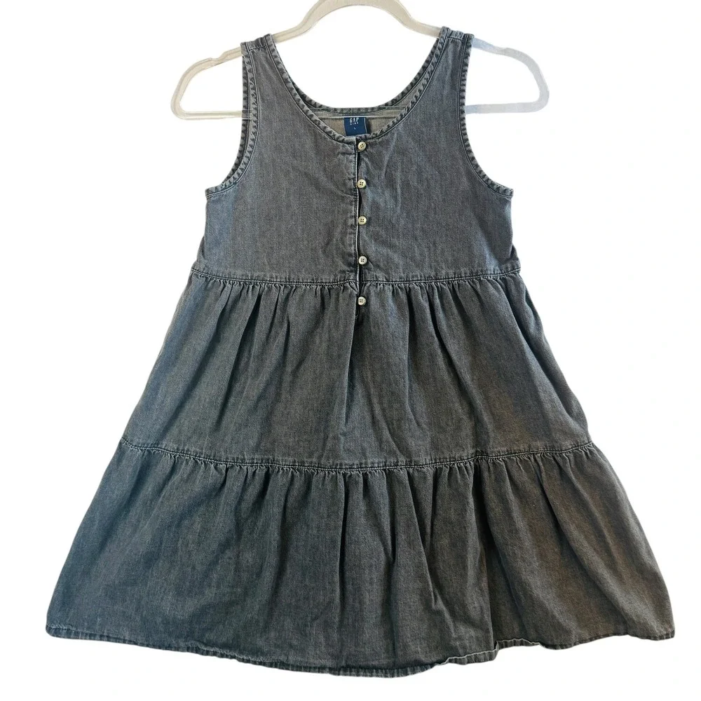 Gap Kids Denim Dress‎ Tiered Sleeveless Tank Casual Button Front Gray Black Sz L