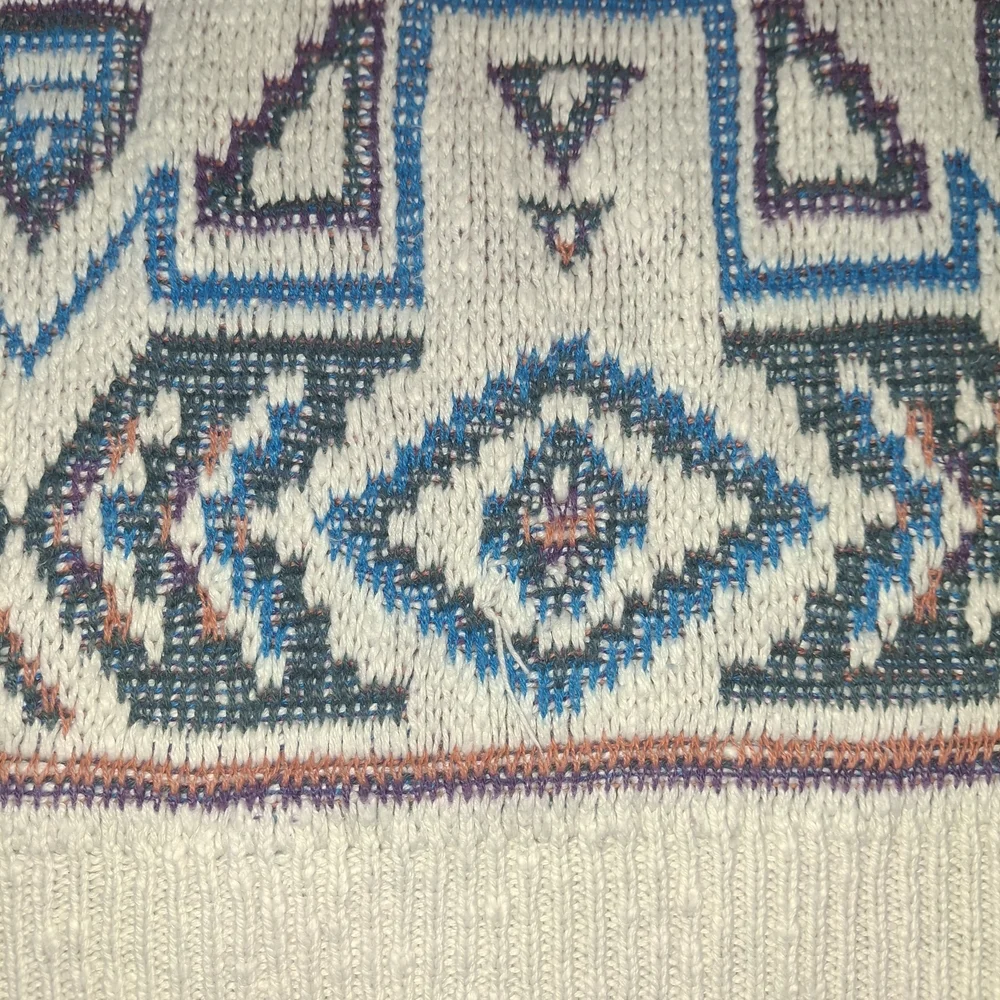 Vintage Woolrich Cream Crewneck Sweater with Teal, Navy & Brown Aztec Pattern