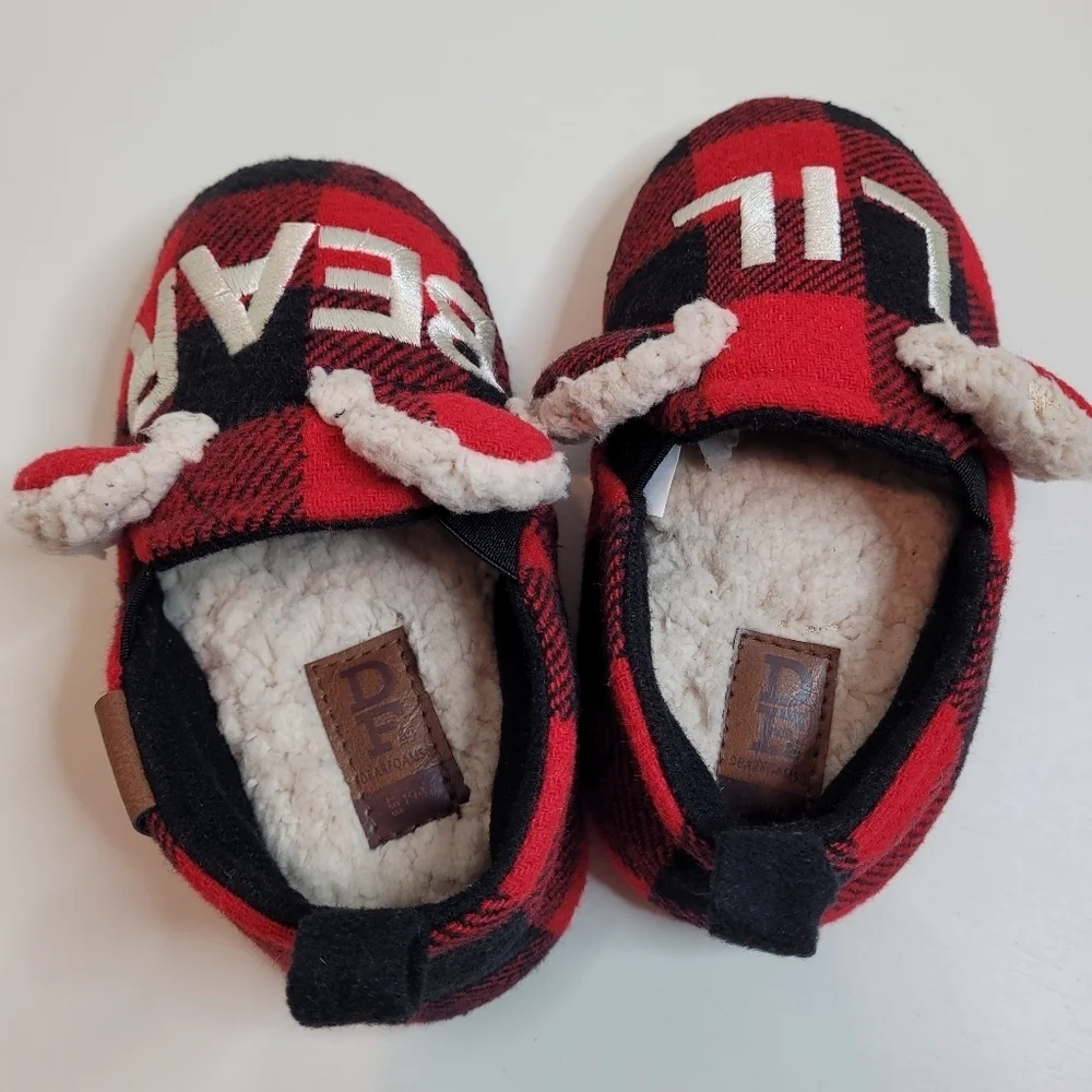 DF by Dearfoams Lil Bear Faux Fur Plaid Unisex Slippers Size 9-10 Toddler