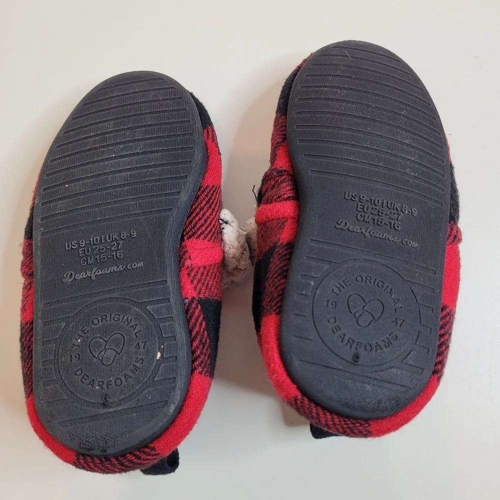 DF by Dearfoams Lil Bear Faux Fur Plaid Unisex Slippers Size 9-10 Toddler