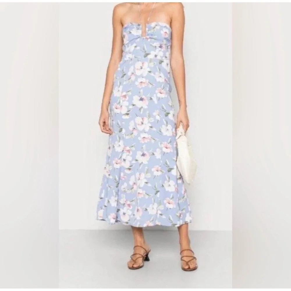 Abercrombie & Fitch Blue Floral Halter Maxi Dress Keyhole Large Tall Feminine