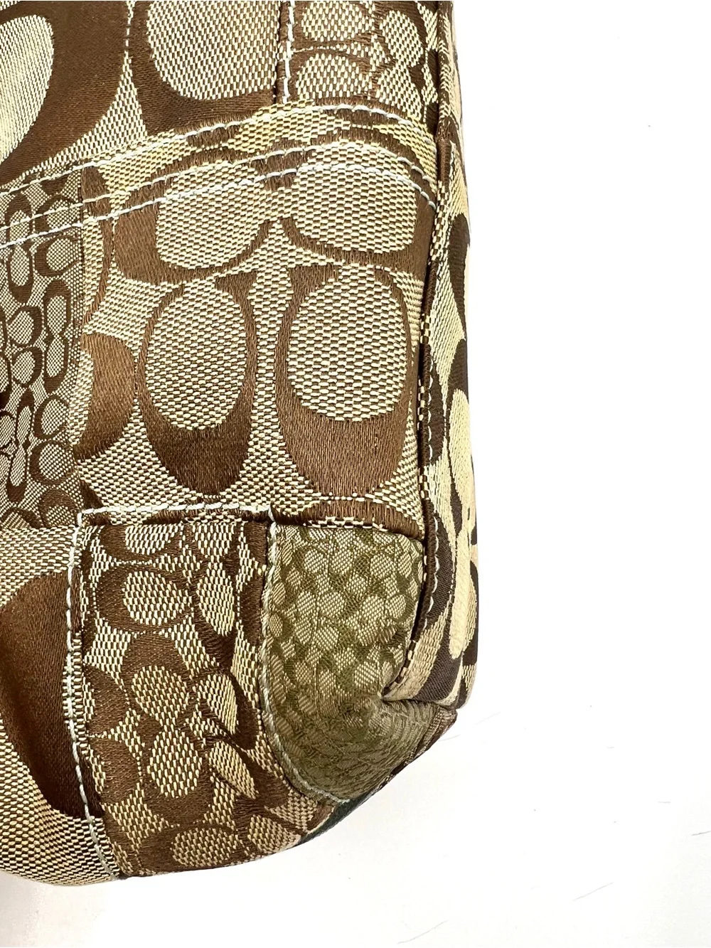 Coach Signature Vintage Y2K Patchwork Hobo Handbag Brown Tan Blue Trim Small