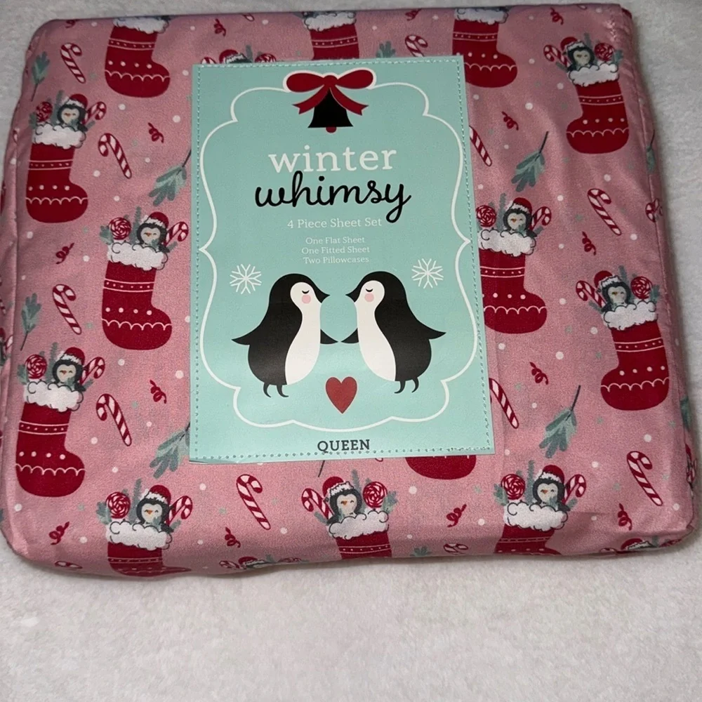 Winter Whimsy Penguin and Red Christmas Stockings Holiday Queen Sheet Set