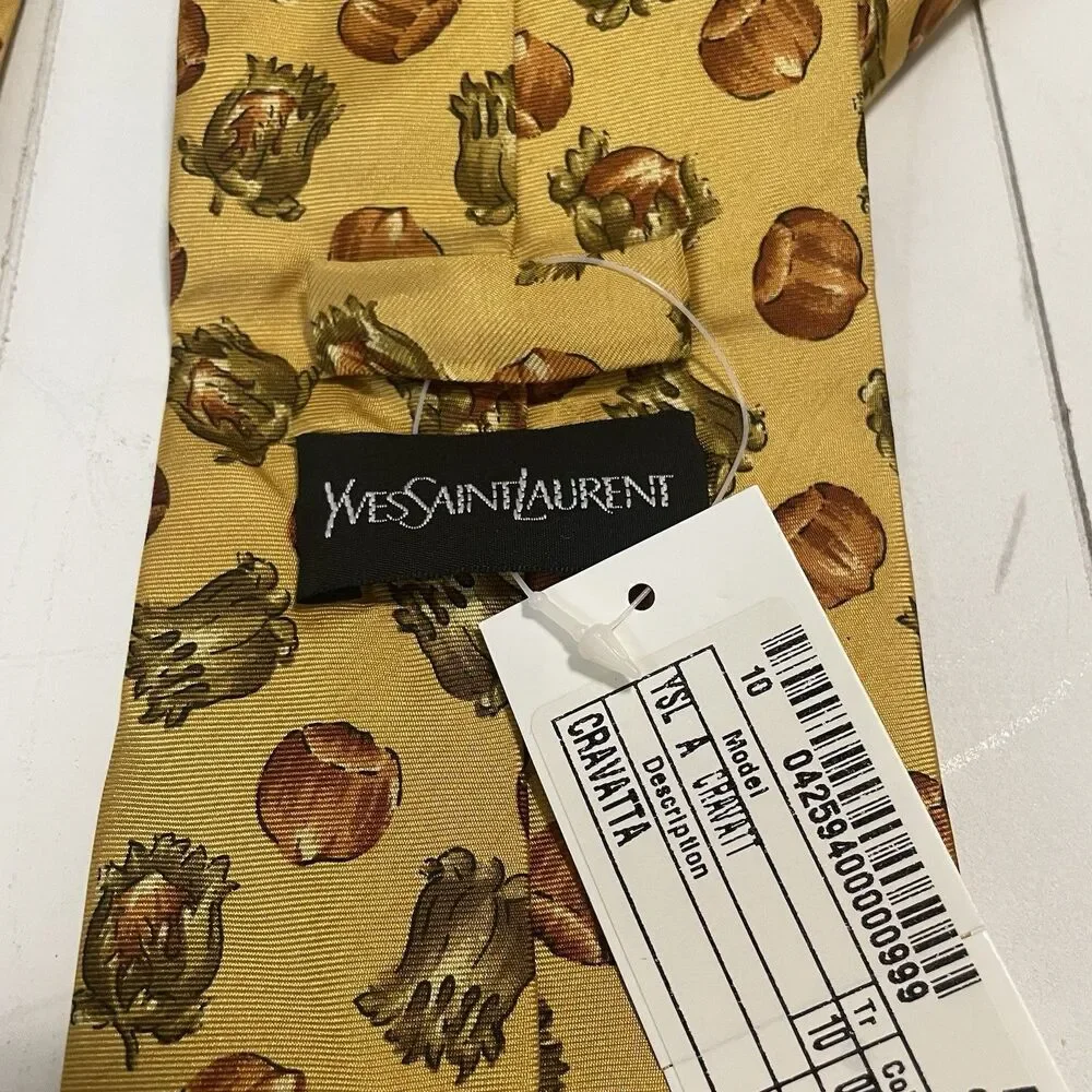 Vintage Yves‎ Saint Laurent YSL 100% Silk Neck Tie Gold Yellow Hazelnut RARE NWT