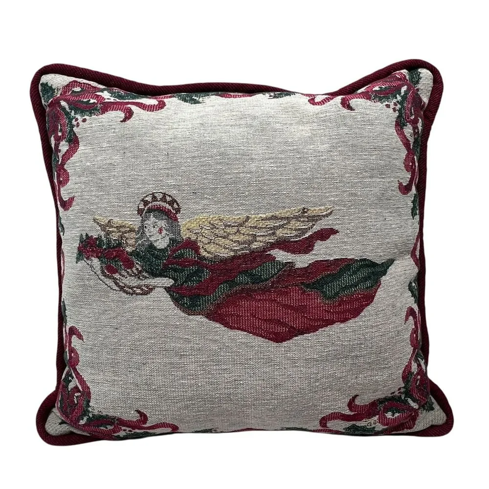 Vintge Angel Tapestry Christmas Throw Pillow 16x16 Holly French Horn‎