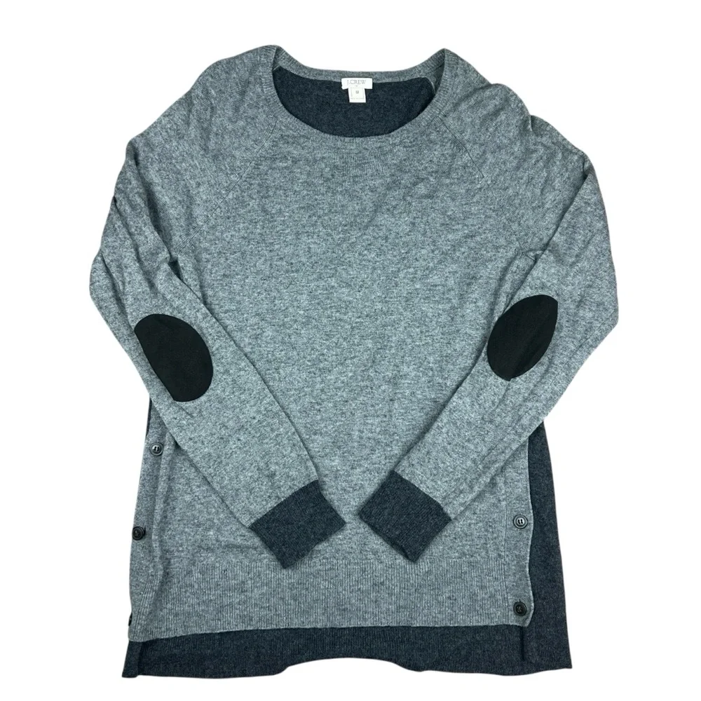 J.Crew Wool Blend Sweater Women’s Medium Gray Elbow‎ Patches Side Buttons Raglan
