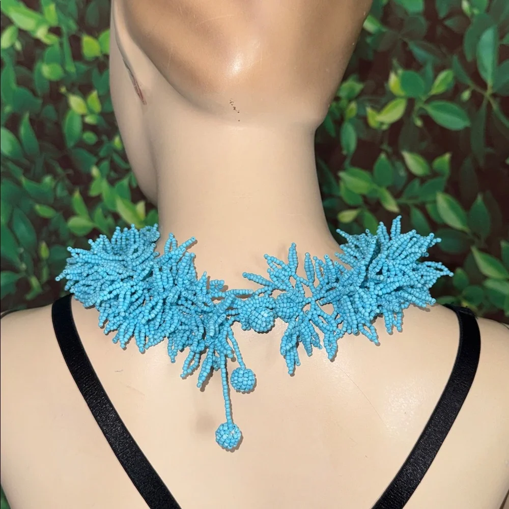 Blue Coral Designed Glass Beaded Fringe Necklace