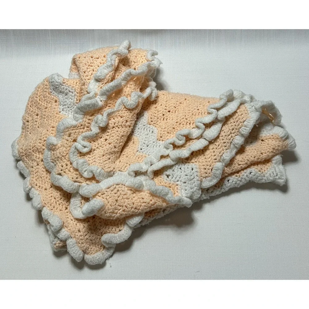 Handmade Crocheted Peach/Pink White Striped Frilly Baby blanket  31 X 32 In OOAK
